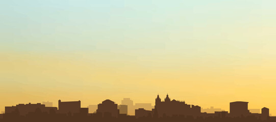 Panoramic poster of the city skyline with misty background buildings, hills sunrise, sunset and clouds of LISBON, PORTUGAL