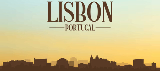 Panoramic poster of the city skyline with misty background buildings, hills sunrise, sunset and clouds of LISBON, PORTUGAL
