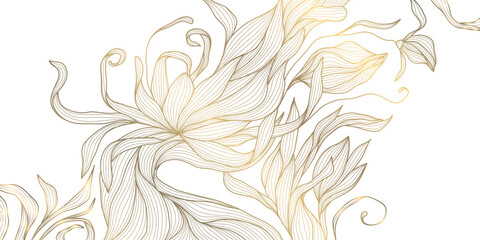 Fototapeta na wymiar Luxury vector golden floral line art background featuring elegant flowers, delicate leaves, modern oriental style. Premium wedding invitations