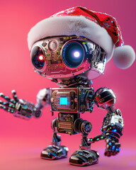Cute robot with Santa hat on pink background, festive mood