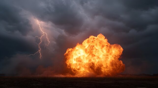 A powerful explosion erupts against a dark stormy sky with a dramatic lightning strike in the distance