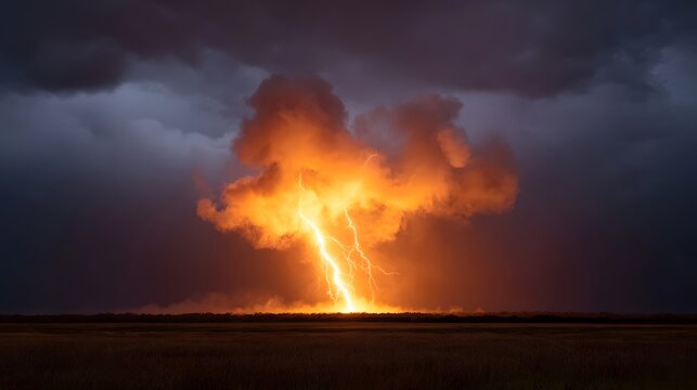 A dramatic lightning strike ignites a massive fiery cloud of smoke and debris over a dark silhouetted field under a stormy sky