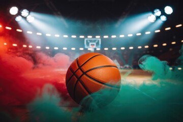Basketball isolated on center court stadium arena with smoke effect