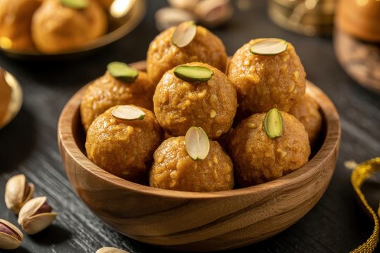 Indian sweets motichoor laddu or laddoo in wooden bowl for celebrations