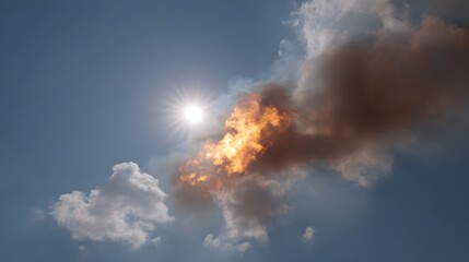 A brilliant sun shines through dramatic flames and dark smoke clouds in a clear blue sky