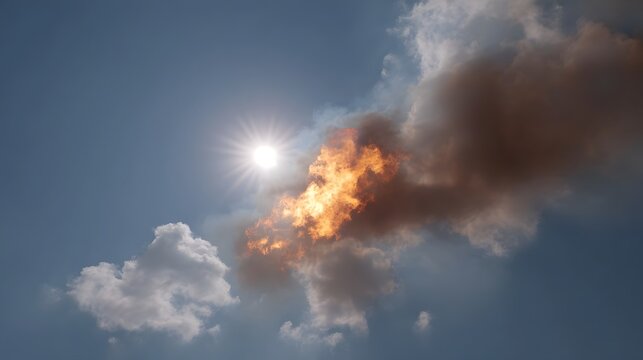 A brilliant sun shines through dramatic flames and dark smoke clouds in a clear blue sky - Powered by Adobe