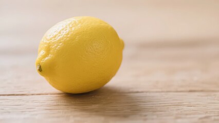 A bright yellow lemon with delicate skin is placed on a wooden table, presenting the texture of fresh fruit and fresh aesthetics.