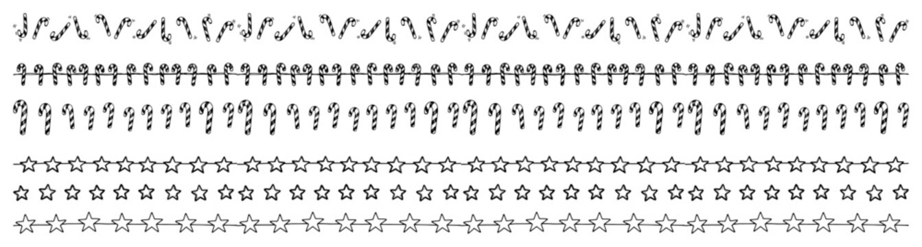 Christmas decorative seamless border lines set with candy canes and stars sketch style vector