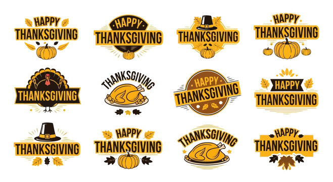 Happy thanksgiving holiday celebration with festive turkey, pumpkin, and autumn leaves in various colorful designs