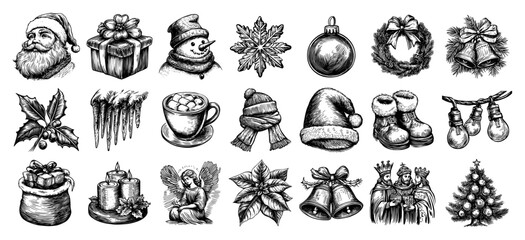 Vintage Christmas holiday icon collection hand drawn festive sketch vector illustration