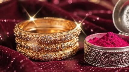 Karva Chauth Golden Bangles and Sindoor on Red Fabric