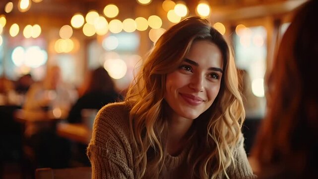 暖かなボケライトが広がるカフェで、白人女性が目の前の相手に柔らかく微笑む近接ショット。
シネマティックで親密な空気感が生まれ、自然な表情が印象的に映し出される。