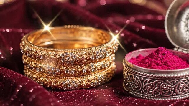 Karva Chauth Golden Bangles and Sindoor on Red Fabric