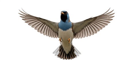 Fototapeta premium Small colorful bird in mid-flight isolated on white background, blue head, orange chest, green-olive wings, detailed feathers with wings fully spread, soft even lighting showcasing vibrant plumage and