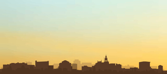 Panoramic poster of the city skyline with misty background buildings, hills sunrise, sunset and clouds of PORTO, PORTUGAL