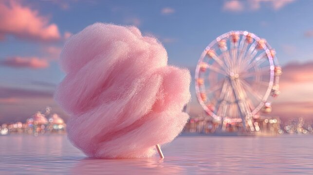 Pink cotton candy in front of ferris wheel concept. Fluffy cotton candy with a ferris wheel backdrop at sunset.