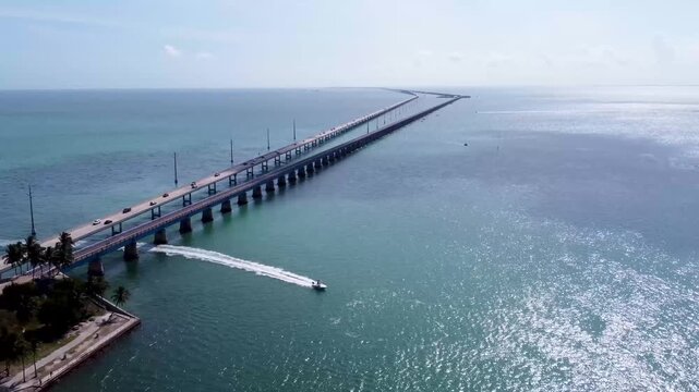 Aerial shot of the Seven Mile Bridge in Florida which connects several of the Florida Keys on the way to Key West. Florida Keys 2025 drone shots flying over new Seven mile bridge
