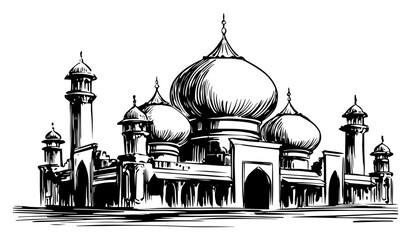 Islamic mosque architecture with domes and minarets hand drawn sketch vector © Kaz