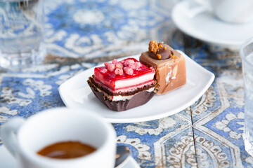 Dessert scene depiction, Casual brunch with baked goods and beverages