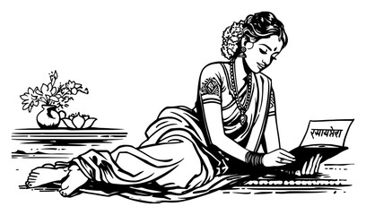 Traditional Indian woman in sari reclining and reading book black and white vector