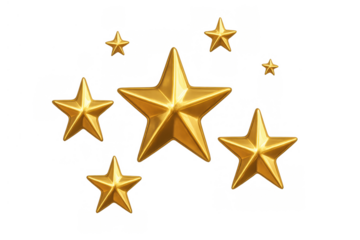 Golden stars floating on transparent background symbolizing quality, success, rating, and excellence in 3d rendering