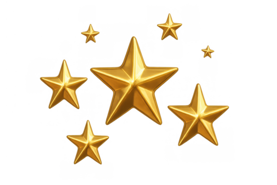 Golden stars floating on transparent background symbolizing quality, success, rating, and excellence in 3d rendering