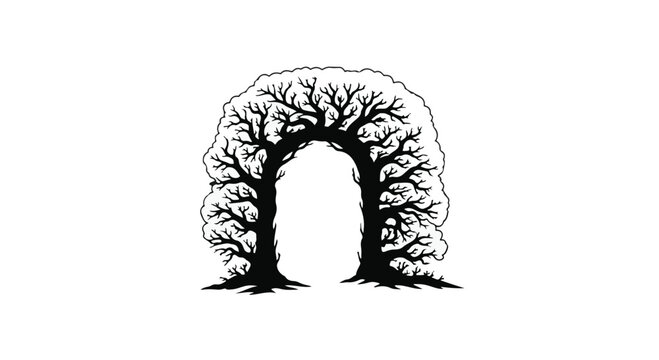 Mystical archway formed by intertwined bare trees against a white background, symbolizing nature's entrance.