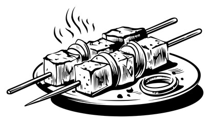 Grilled Kebab Skewers On Plate Barbecue Food Sketch Vector Illustration