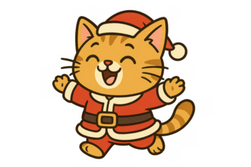 Cute cat cartoon character wearing a santa claus hat and red suit, celebrating christmas, having fun, transparent background