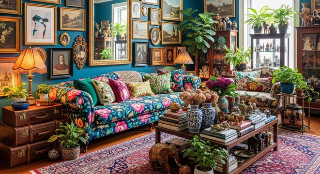 Eclectic maximalist living room filled with vintage art and floral decor