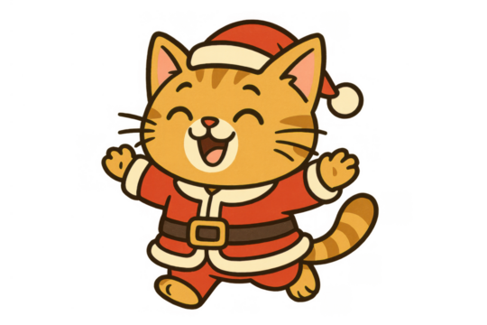 Cute cat cartoon character wearing a santa claus hat and red suit, celebrating christmas, having fun, transparent background