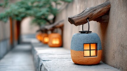A charming alleyway lined with uniquely designed lanterns, casting a warm glow, Ideal for themes of tranquility, home decor, or outdoor events, Perfect for lifestyle blogs or travel articles,