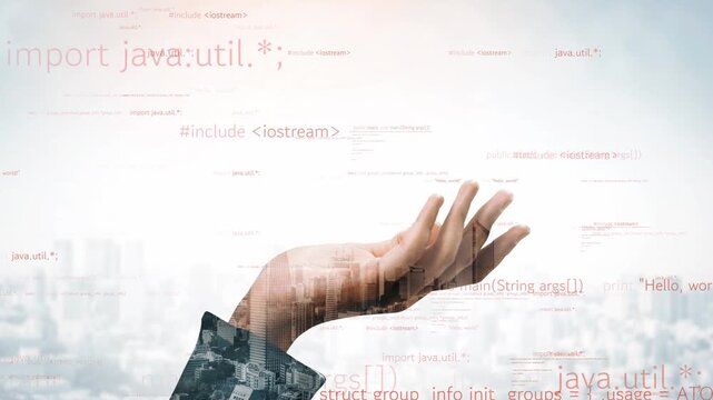 A creative representation of a hand extending toward a flow of Java programming code against an urban backdrop, symbolizing technology and innovation in software development. Xenic