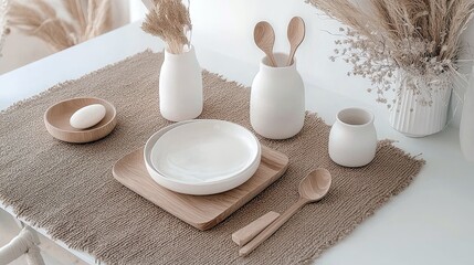 A minimalist table setting with neutral-toned ceramic dishes, wooden utensils, and dried floral arrangements.