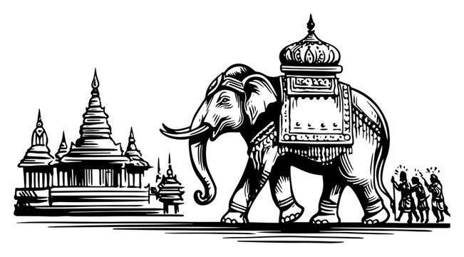 Traditional ceremonial elephant with temple architecture vintage engraving style vector