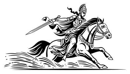 Obraz premium Galloping Warrior On Horse With Sword Heroic Battle Sketch Vector