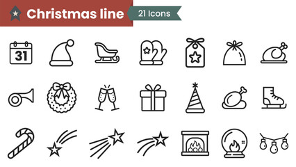 Christmas line icon collection. Thin outline icons pack. Calendar, Santa Hat, Sleigh, Mittens, Gift Tag, Gift Sack, Roasted Turkey, Musical Horn, Christmas Wreath and more - stock vector.