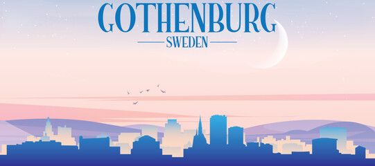 Panoramic poster of the city skyline with misty background buildings, hills sunrise, sunset and clouds of GOTHENBURG, SWEDEN
