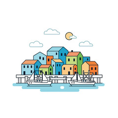 Obraz premium Colorful illustration of a coastal town with boats sailing on the water.