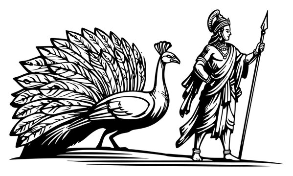Hindu god Kartikeya holding spear standing next to peacock divine warrior deity vector sketch illustration