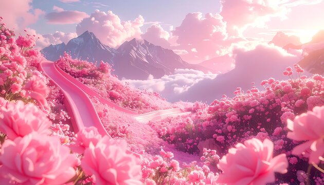 Scenic, dreamy landscape of a flower-covered path winding towards snow-capped mountains and fluffy clouds