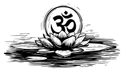 Sacred om symbol resting on blooming lotus flower floating on water spiritual hindu vector sketch illustration