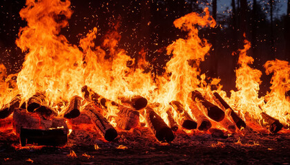 Outdoor bonfire with burning logs