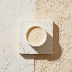 Cream in white jar top view on beige texture