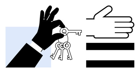 Two hands with a key transfer one giving, one receiving. Represents trust, responsibility, cooperation. Ideal for handoff, ownership, security partnership transaction teamwork concepts. Simple