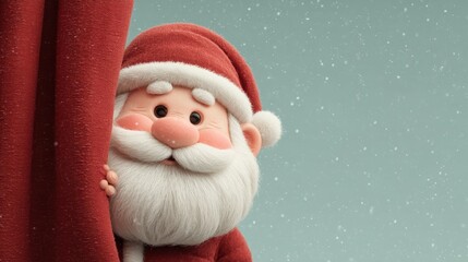 Cute 3D Santa Claus peeking from red curtain with snow