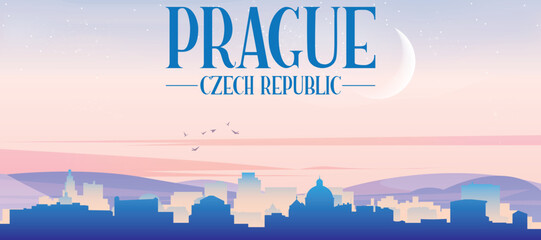 Panoramic poster of the city skyline with misty background buildings, hills sunrise, sunset and clouds of PRAGUE, CZECH REPUBLIC