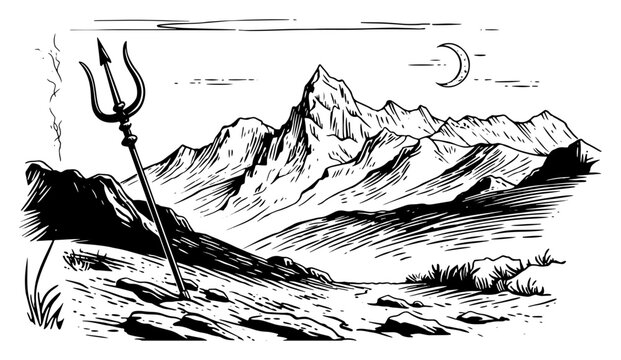sacred trident on rocky mountain landscape under moon hand drawn sketch vector illustration