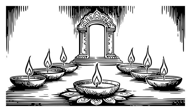 rows of burning oil lamps in front of temple entrance hand drawn sketch vector illustration