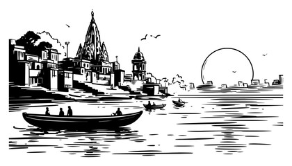 Hand drawn panorama sketch of Varanasi ghats along Ganges river with boats and ancient temples at sunrise